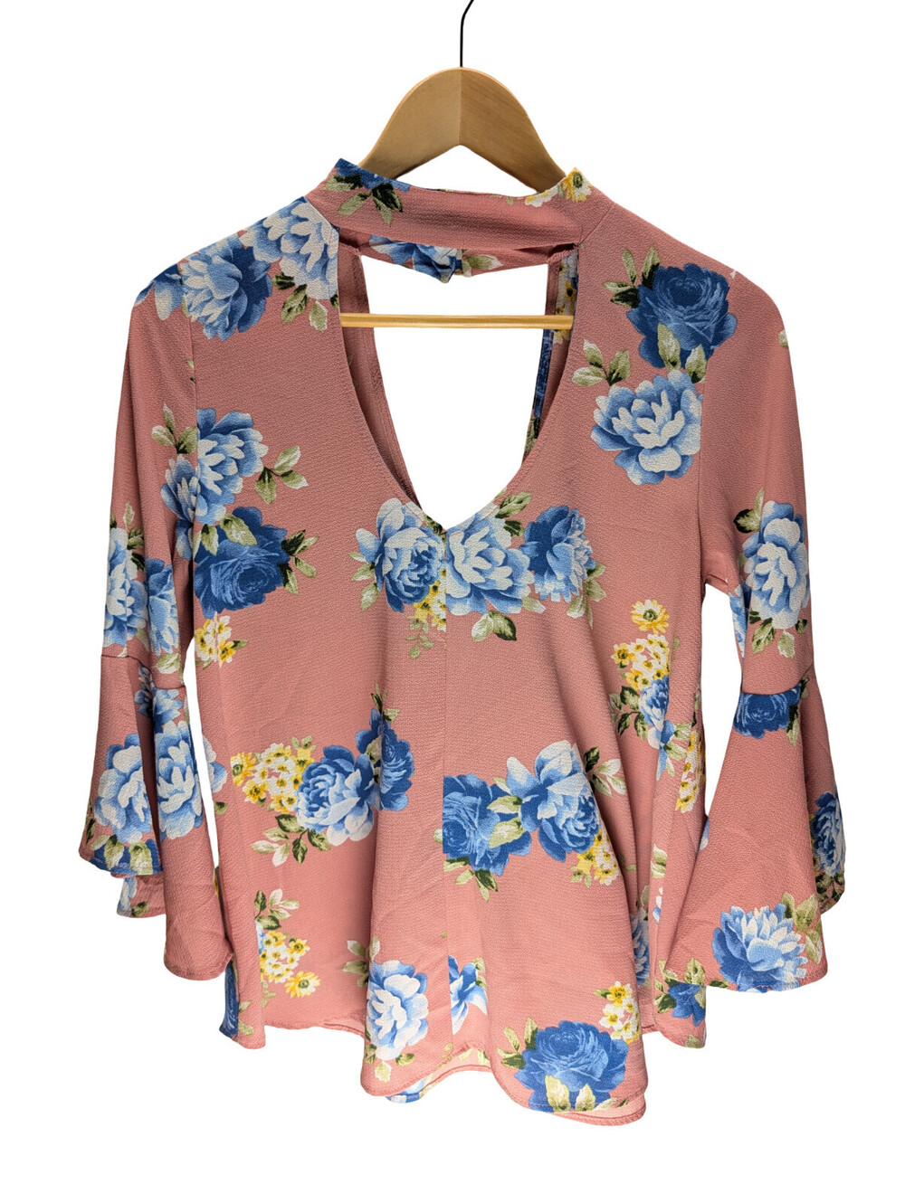 Callie Mac Pink Floral Choker Neck Keyhole Back Bell Blouse